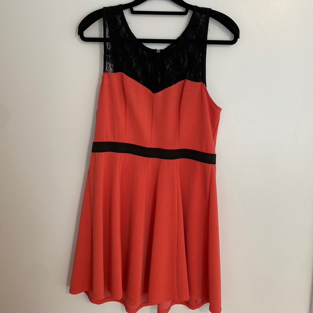 MATERIAL GIRL, coral mini dress with black lace accent